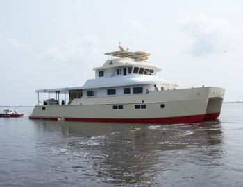 110' Catamaran takes to the water after being launched 110' Catamaran takes to the water after being launched